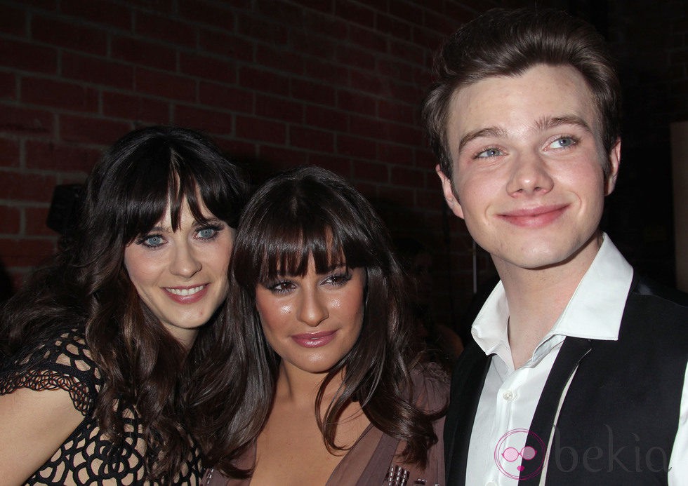 Zooey Deschanel, Leah Michelle y Chris Colfer y en la presentación de la nueva temporada de Fox