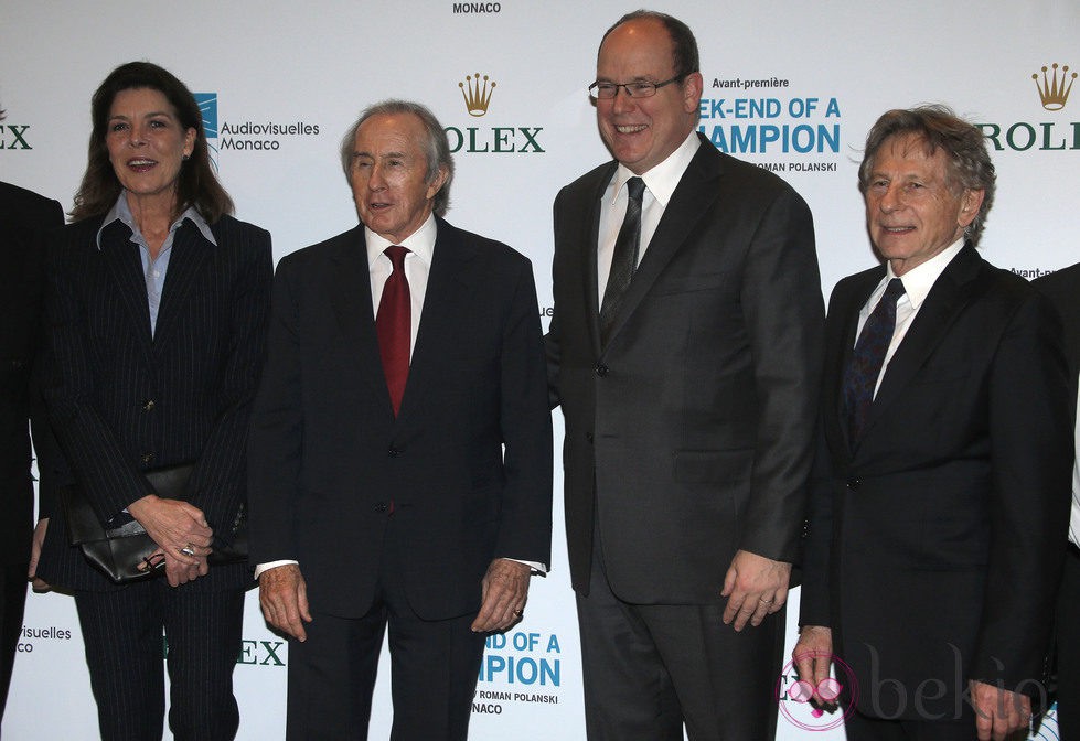 Carolina de Mónaco, Jackie Stewart, Alberto de Mónaco y Roman Polanski en el estreno de 'Weekend of a champion'