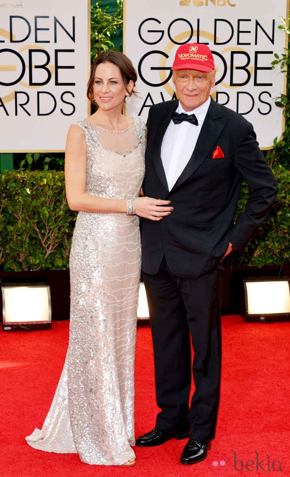 Birgit Wetzinger y Niki Lauda en la alfombra roja de los Globos de Oro 2014