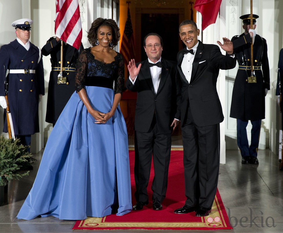 Barack y Michelle Obama con François Hollande en una cena de gala en la Casa Blanca