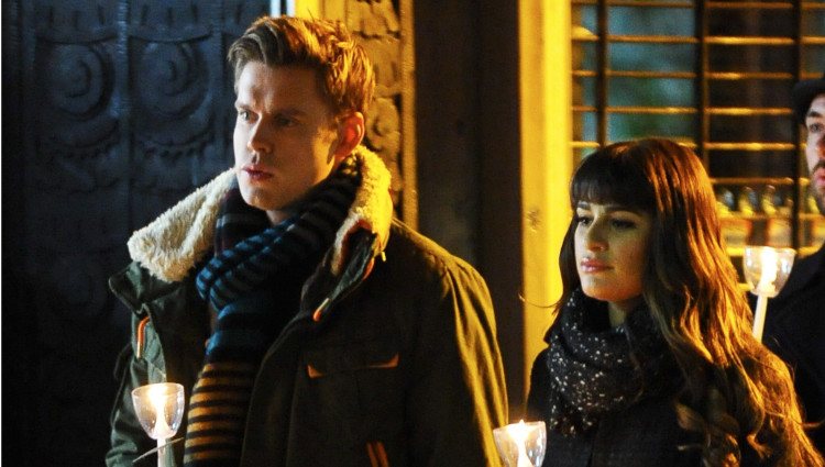 Lea Michele y Chord Overstreet en la grabación de 'Glee'