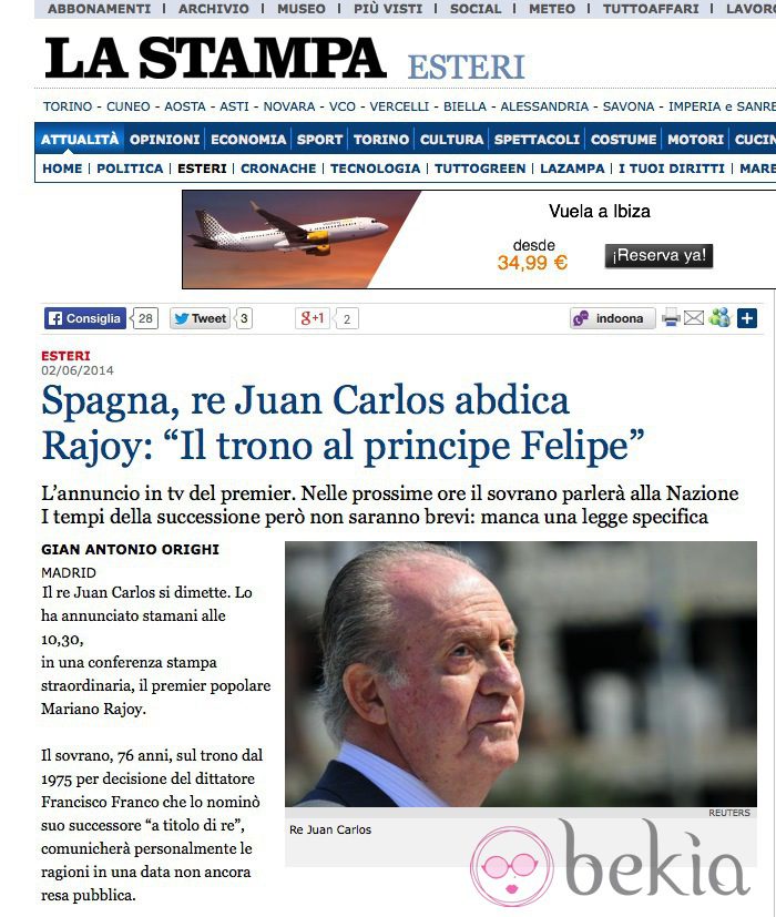 La abdicación del Rey en La Stampa