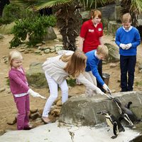 Felipe y Matilde de Bélgica con sus hijos dando de comer a unos pingüinos