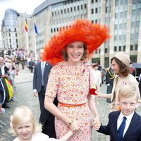 La Reina Matilde con sus hijos Leonor y Emmanuel de Bélgica en el Día Nacional de Bélgica 2014