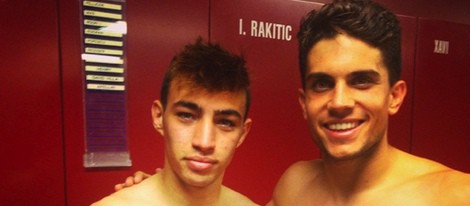 Munir y Marc Batra con el torso desnudo tras el primer partido del Barça en la Liga 2014/2015