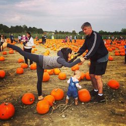 Hilaria Thomas y Alec Baldwin con Carmen Gabriela en una plantación de calabazas