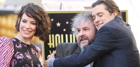 Evangeline Lilly, Peter Jackson y Orlando Bloom en el Paseo de la Fama