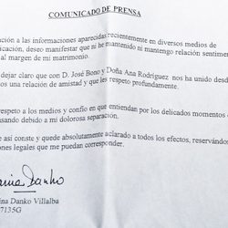 Comunicado en el que Marina Danko desmiente su relación con José Bono