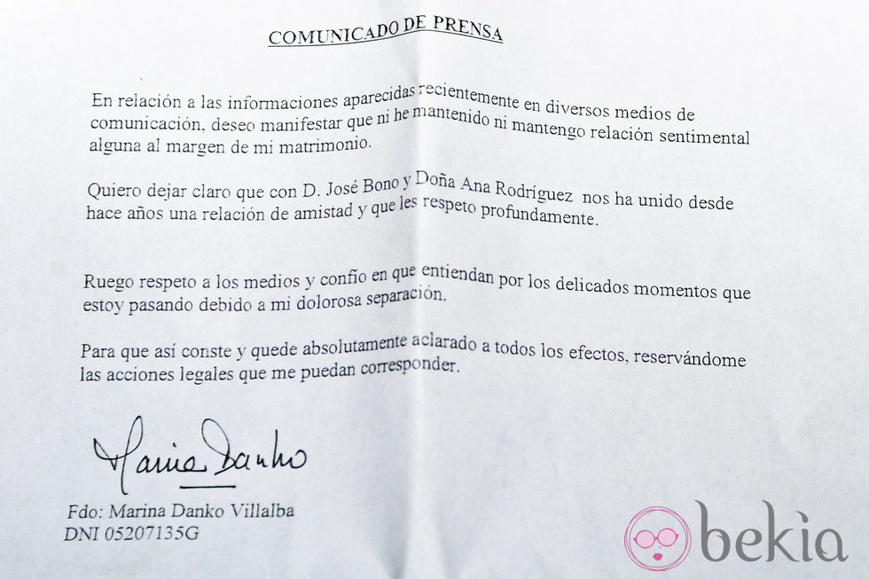 Comunicado en el que Marina Danko desmiente su relación con José Bono