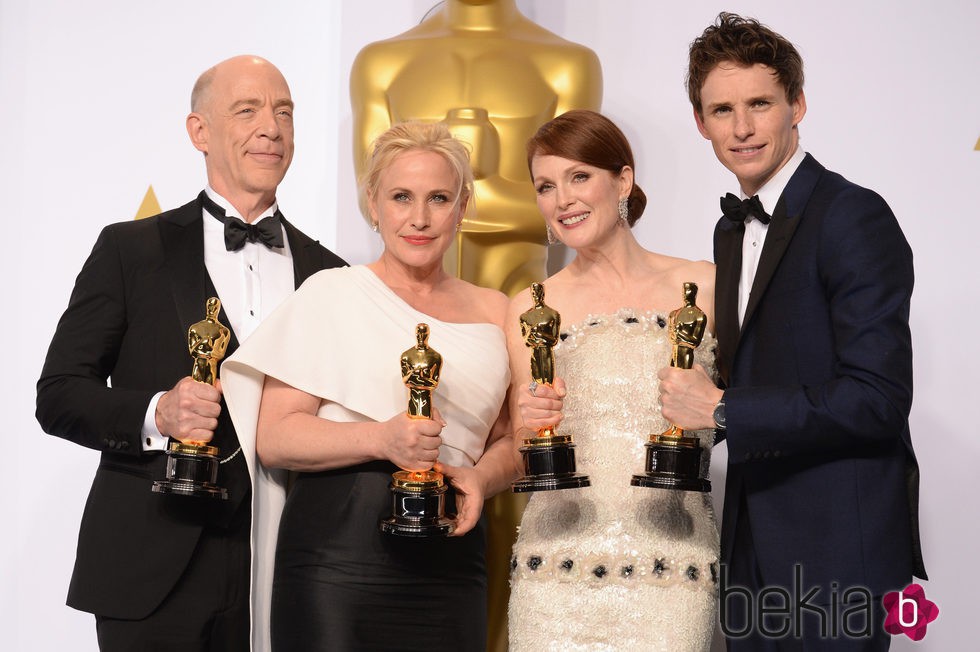 Los cuatro intérpretes vencedores en los Oscar 2015 posan juntos