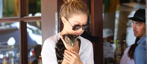 Gigi Hadid con su gatito en una comida con Joe Jonas en California