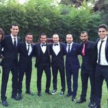 Pedro Rodríguez en su boda con Carles Puyol, Sergio Busquets, Xavi, Iniesta, Jordi Alba y Marc Bartra