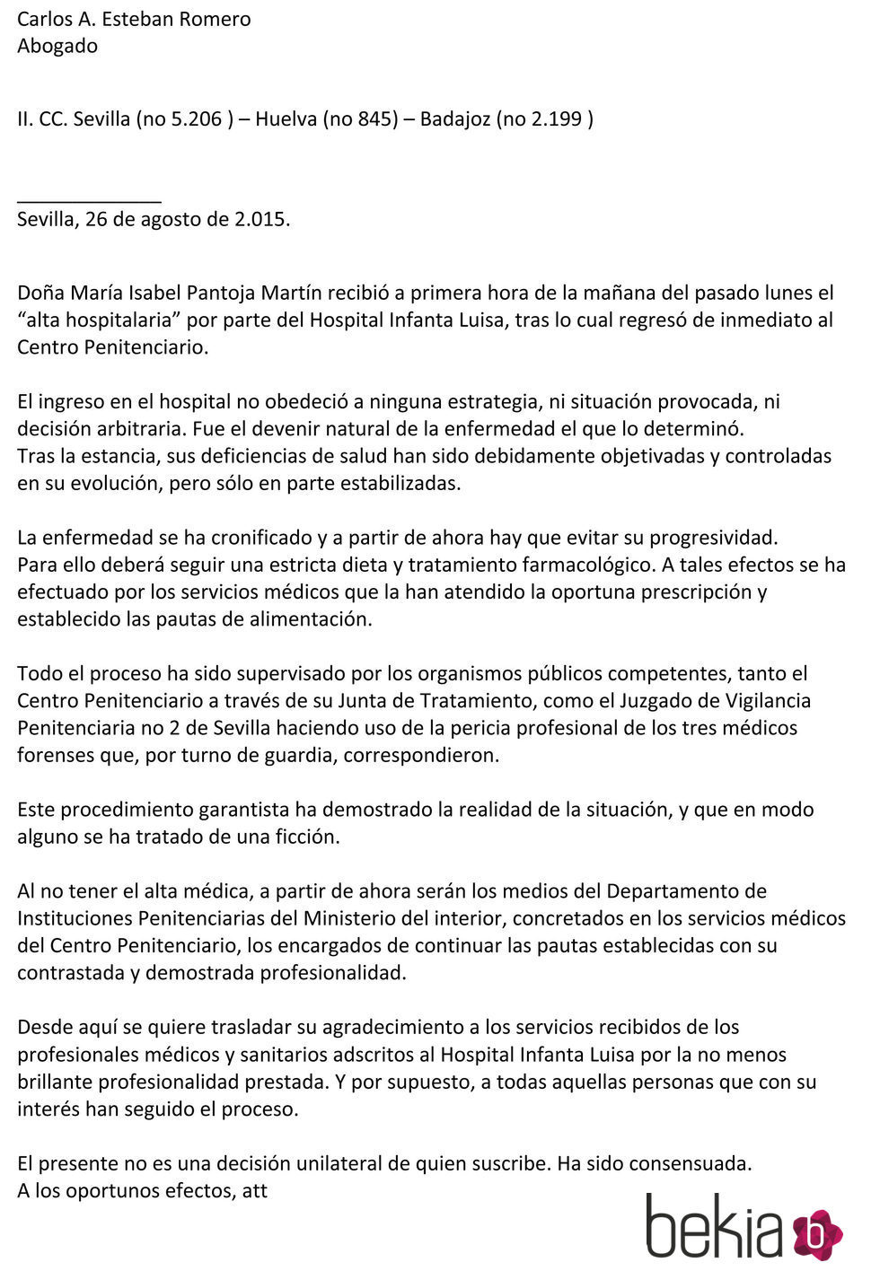 Comunicado de los abogados de Isabel Pantoja: 