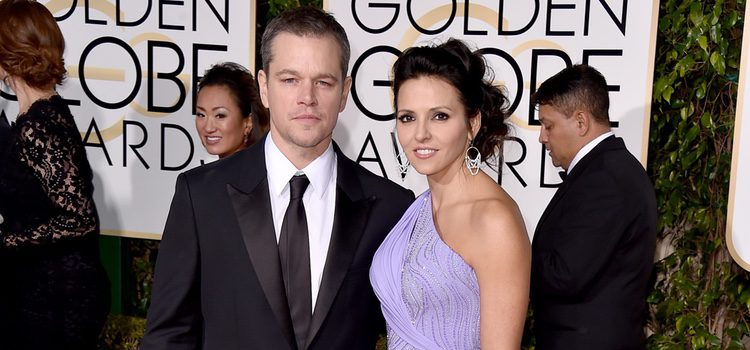 Matt Damon y Luciana Barroso en la alfombra roja de los Globos de Oro 2016