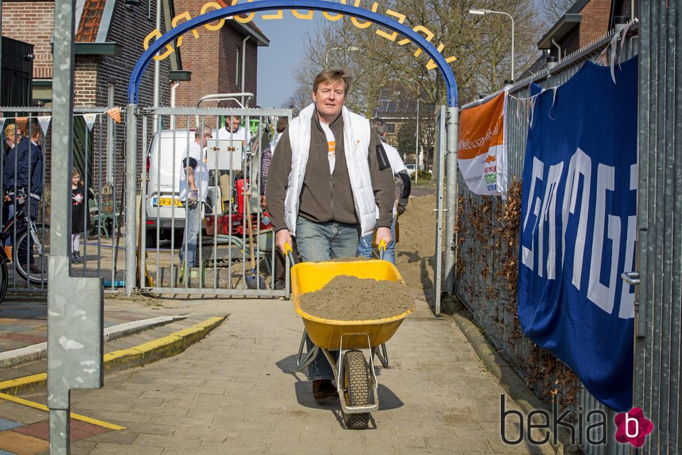 El Rey Guillermo Alejandro de Holanda cargando una carretilla con arena