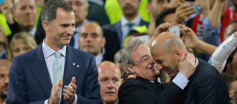 El Rey Felipe VI, Florentino Pérez y Zinedine Zidane en la final de la Champions League 2016